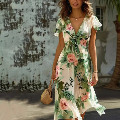 Nirella | Women's Floral Breeze Midi Dress with Ruffle Detail