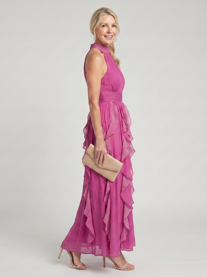 Orea | Women's High Neck Gathered Ruffle Layers Maxi Dress