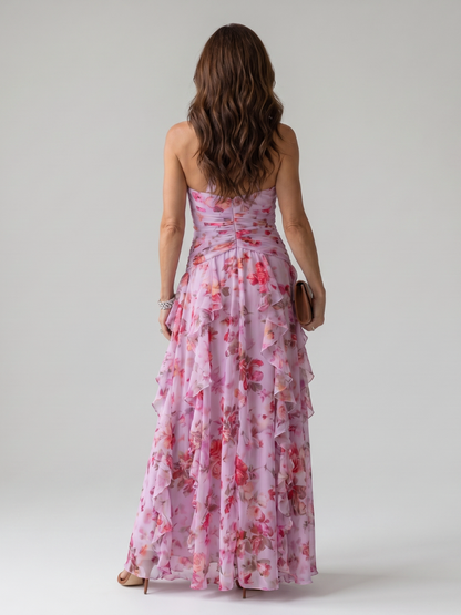 Nori | Women's Halter Neck Ruched Bodice Floral Maxi Dress with Ruffle Detail