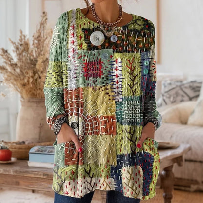 Women's Longline Retro Chic Casual Blouse with Pockets