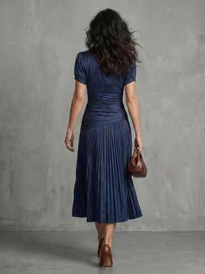Theodora | Women's Pleated Waistline Stripe Midi Dress