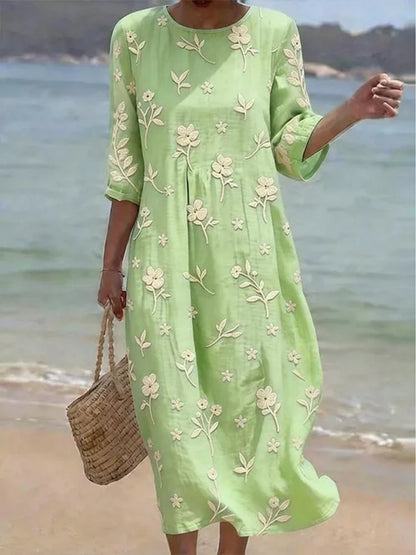 Margaret | Women's Floral Embroidered Mid-Sleeve Midi Dress