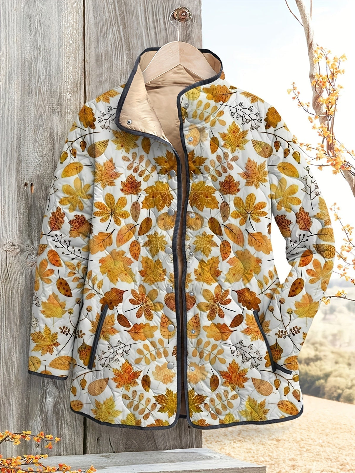Women's Relaxed Vintage Autumn Leaf Print Quilted Jacket