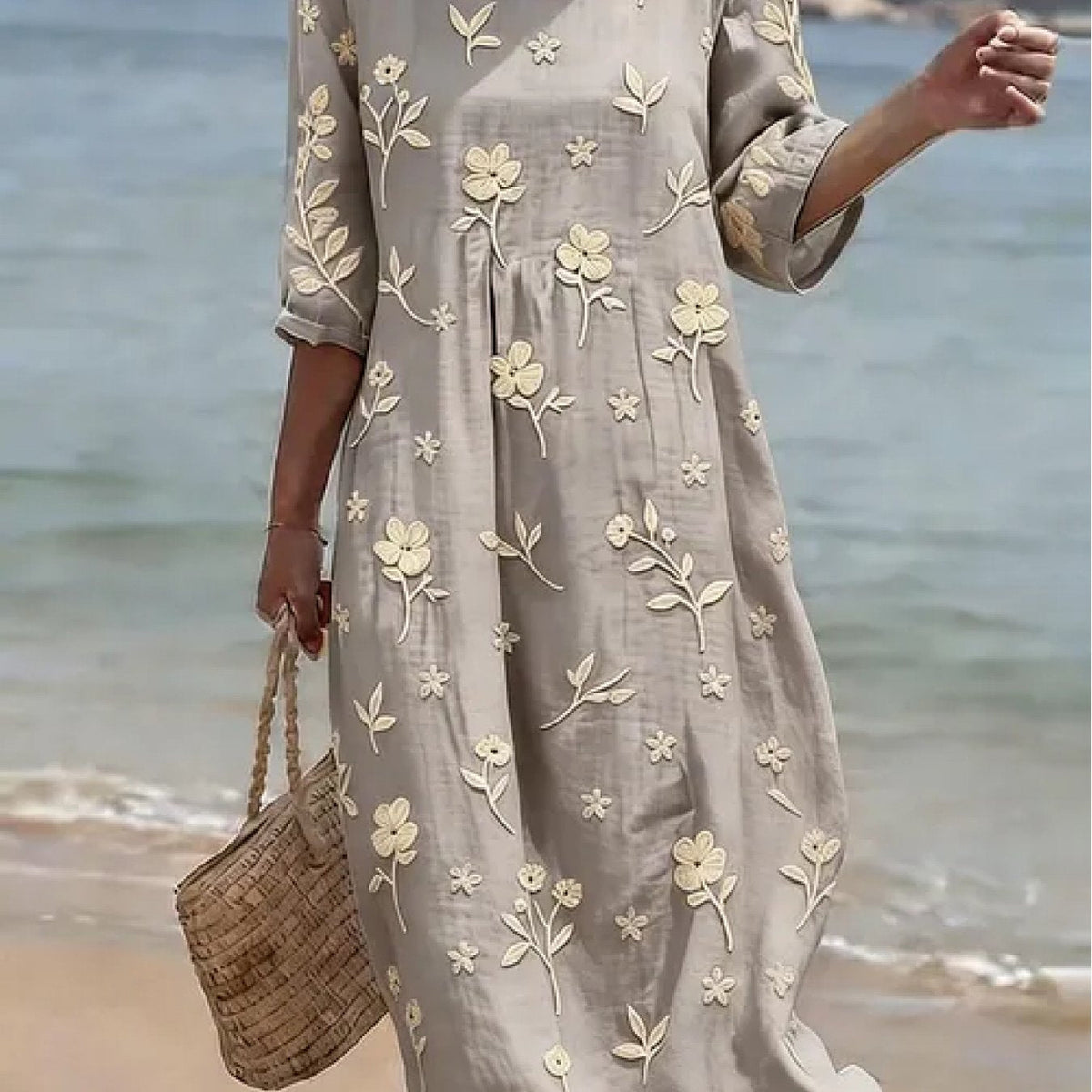 Simone | Women's Embroidered Mid-Sleeve Midi Dress