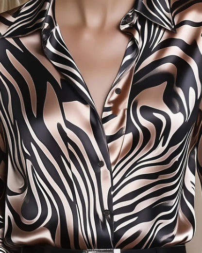 Women's Chic and Stylish Printed Blouse with V-Neck and Long Sleeve