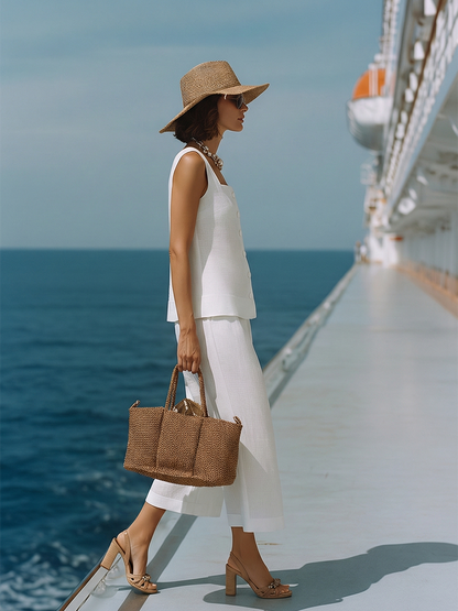 Women's Timeless White, Square Neck Top with Matching Capri Trousers Set