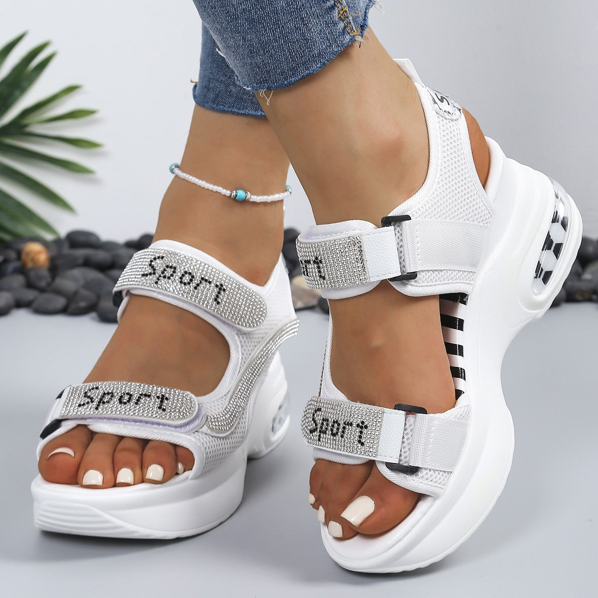 Cushioned Open-Toe Chic Women's Orthopedic Platform Sandals Adorned with Crystals