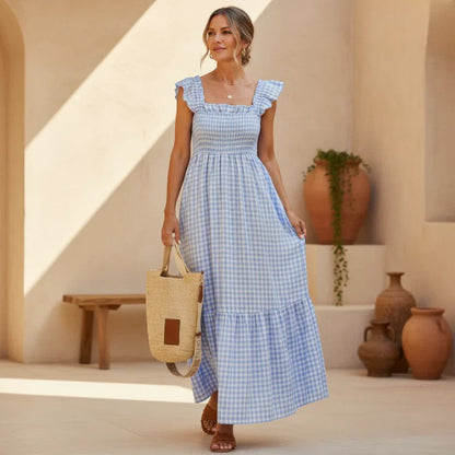 Ivara | Women's Elegant Plaid Summer Maxi Dress with Ruffle Detail and Smocking