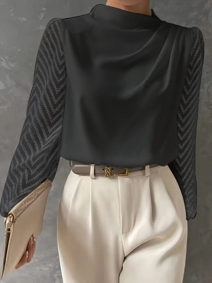 Samanta | Women's Longline Blouse Featuring Illusion Sleeves and Ruched Mocha Neckline