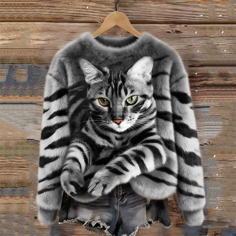 Women's Snug Plush Sweatshirt Featuring a Tiger and Tabby Kitten Design