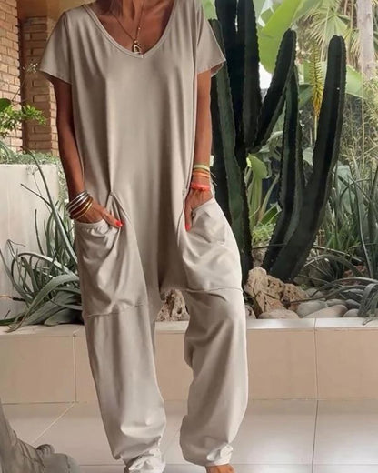 Yelena | Women's Casual V-Neck Solid Colour Jumpsuit