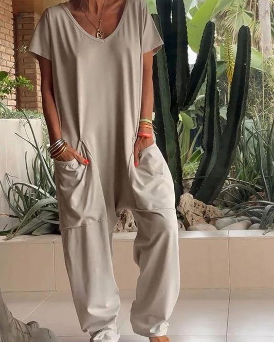 Yelena | Women's Casual V-Neck Solid Colour Jumpsuit