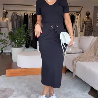 Tori | Women's Stylish V-Neck Top & Skirt Set with Drawstring