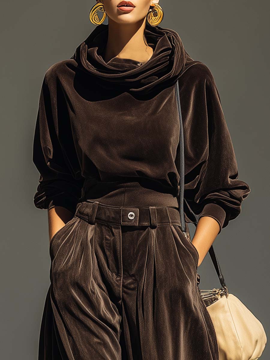 Women's Retro Brown Hoodie and Relaxed Trousers Set (Belt Included) with Pockets