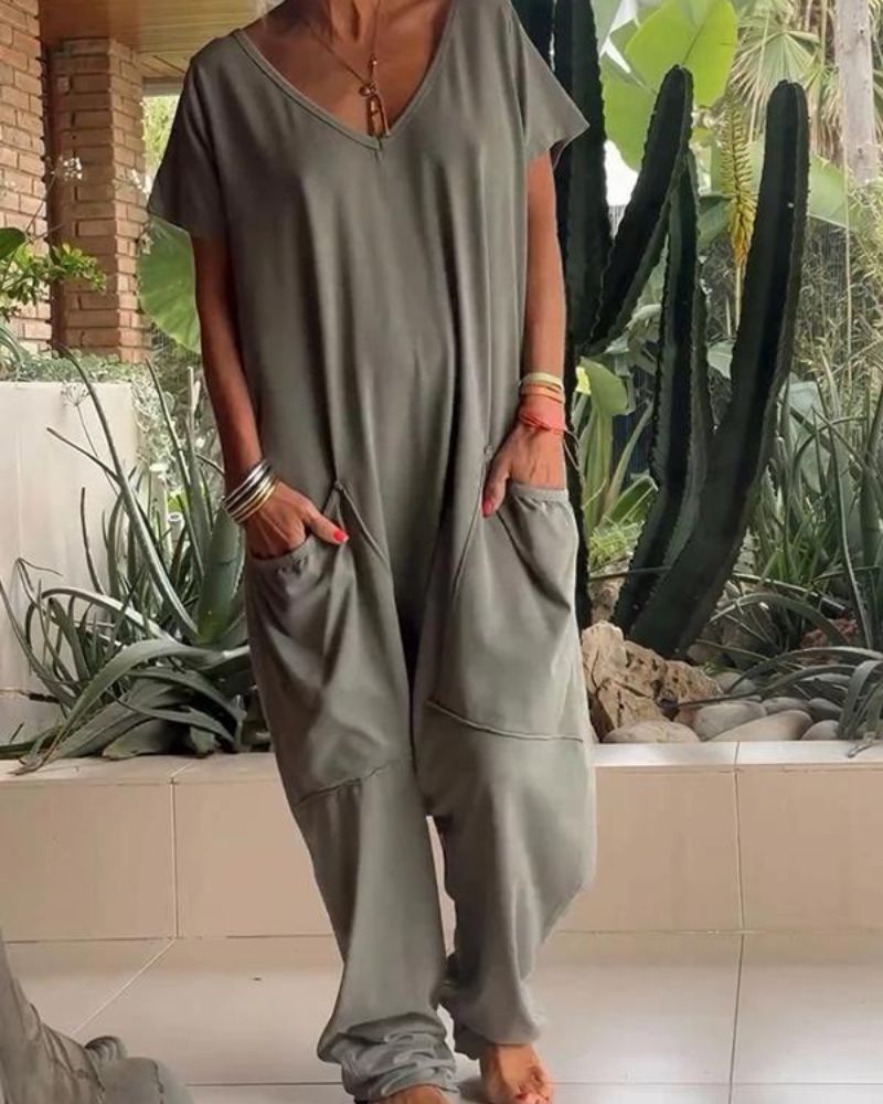 Yelena | Women's Casual V-Neck Solid Colour Jumpsuit
