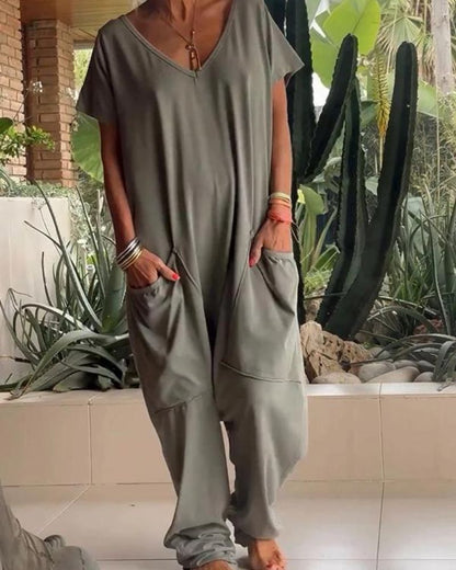 Yelena | Women's Casual V-Neck Solid Colour Jumpsuit