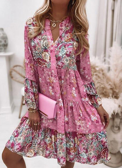 Women's V-Neck Floral A-Line Dress with 3/4 Sleeves, Above Knee Length