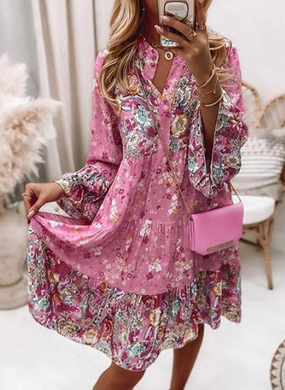 Women's V-Neck Floral A-Line Dress with 3/4 Sleeves, Above Knee Length