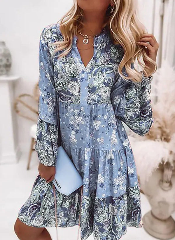 Women's V-Neck Floral A-Line Dress with 3/4 Sleeves, Above Knee Length