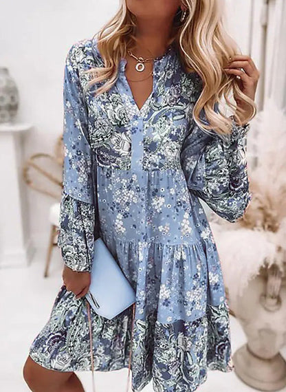 Women's V-Neck Floral A-Line Dress with 3/4 Sleeves, Above Knee Length