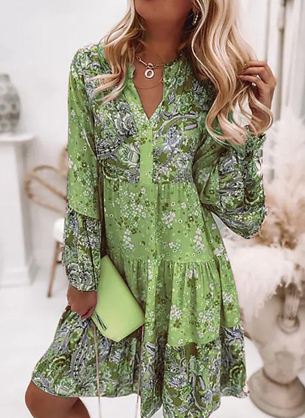 Women's V-Neck Floral A-Line Dress with 3/4 Sleeves, Above Knee Length