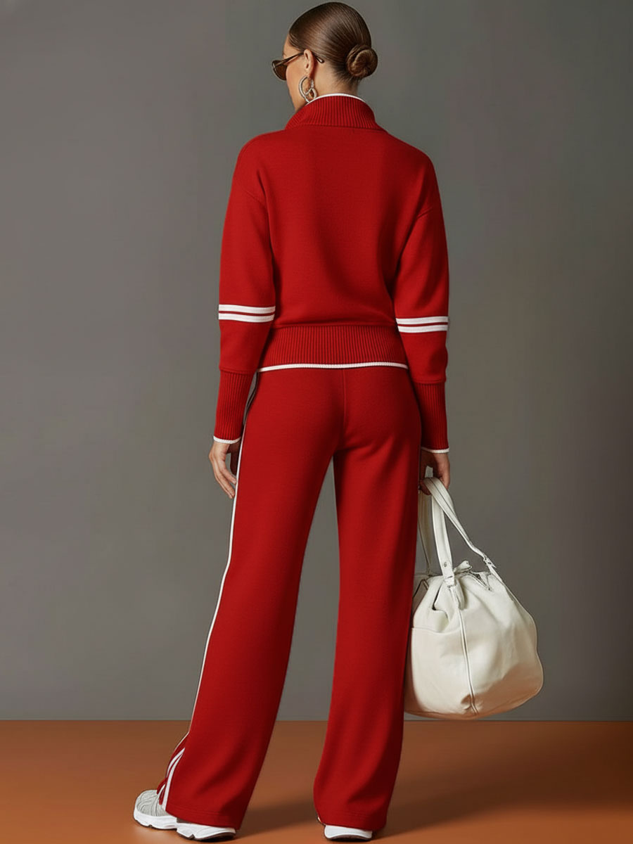 Women's Vintage-Inspired Grey and White Half-Zip Sweatshirt with Wide-Leg Trousers Set