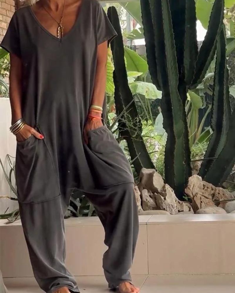 Yelena | Women's Casual V-Neck Solid Colour Jumpsuit
