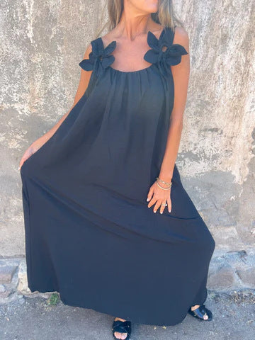Floral Pattern Women's Maxi Dress with U-Shaped Neckline in Solid Colour