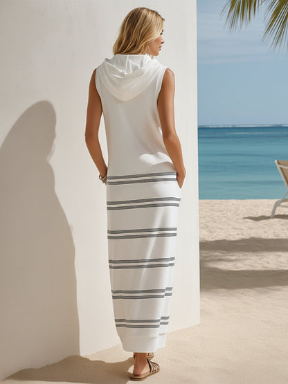 Women's Striped Sleeveless Hooded Maxi Dress, Ideal for Sailing Getaways