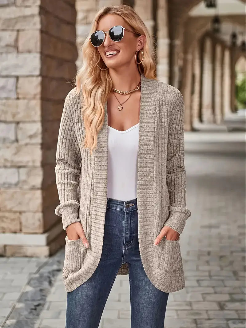 Neva | Women's Longline Elegant Ribbed Long Sleeve Cardigan