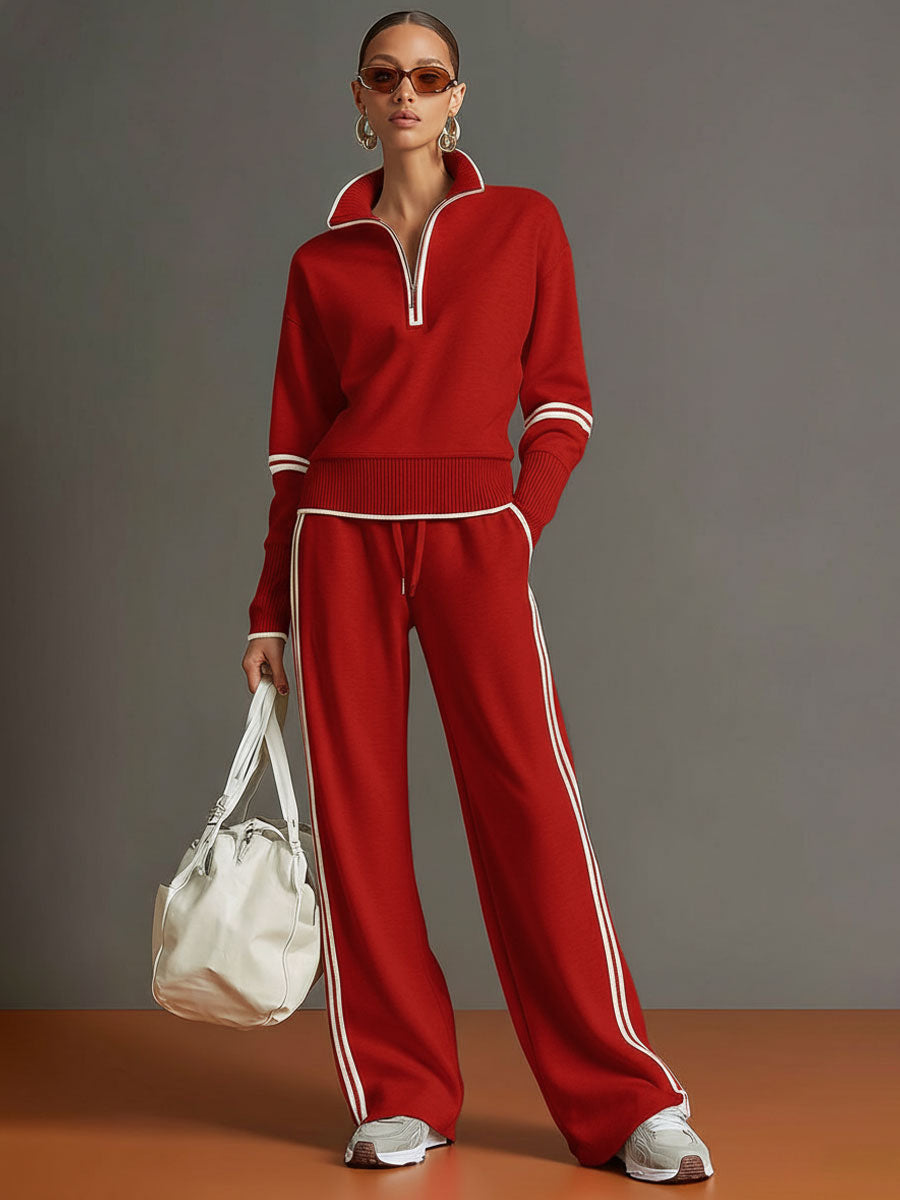 Women's Vintage-Inspired Grey and White Half-Zip Sweatshirt with Wide-Leg Trousers Set