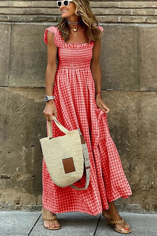 Ivara | Women's Elegant Plaid Summer Maxi Dress with Ruffle Detail and Smocking