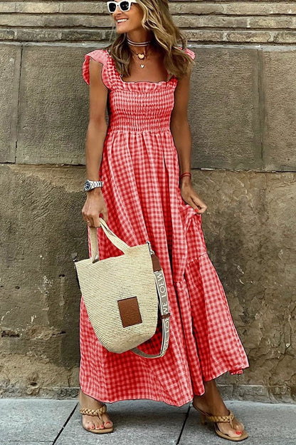 Ivara | Women's Elegant Plaid Summer Maxi Dress with Ruffle Detail and Smocking