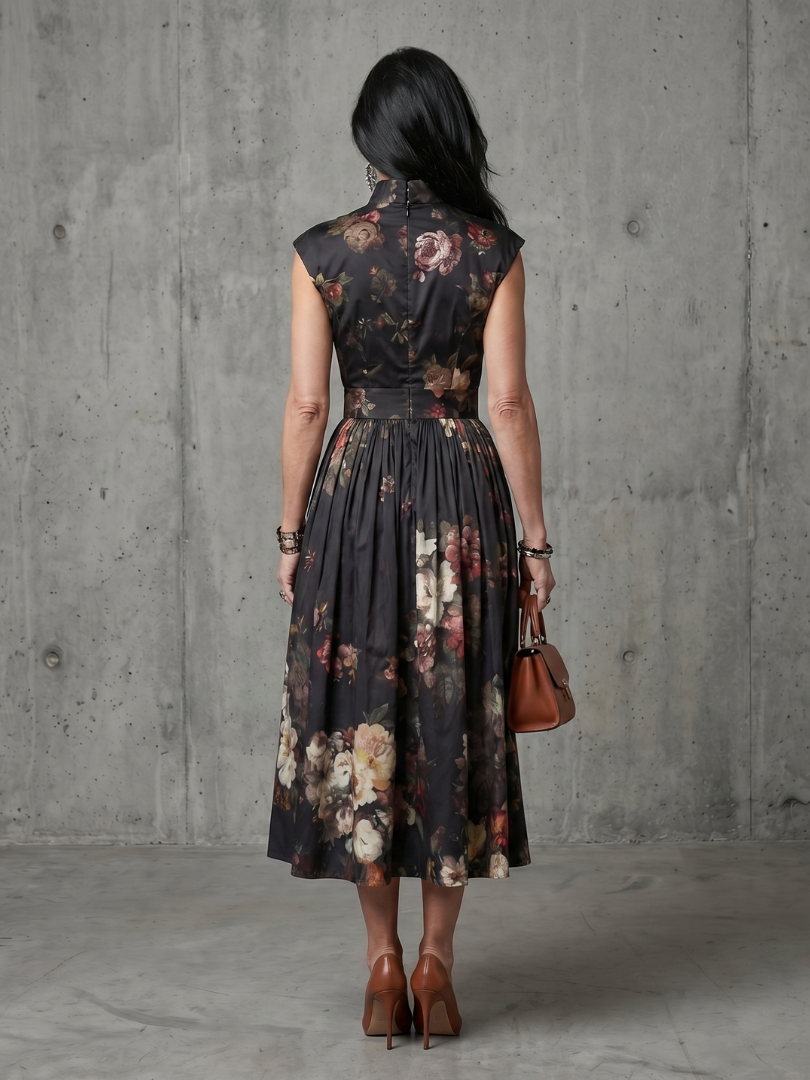 Greta | Women's High Neck Keyhole Floral Pleated Midi Dress