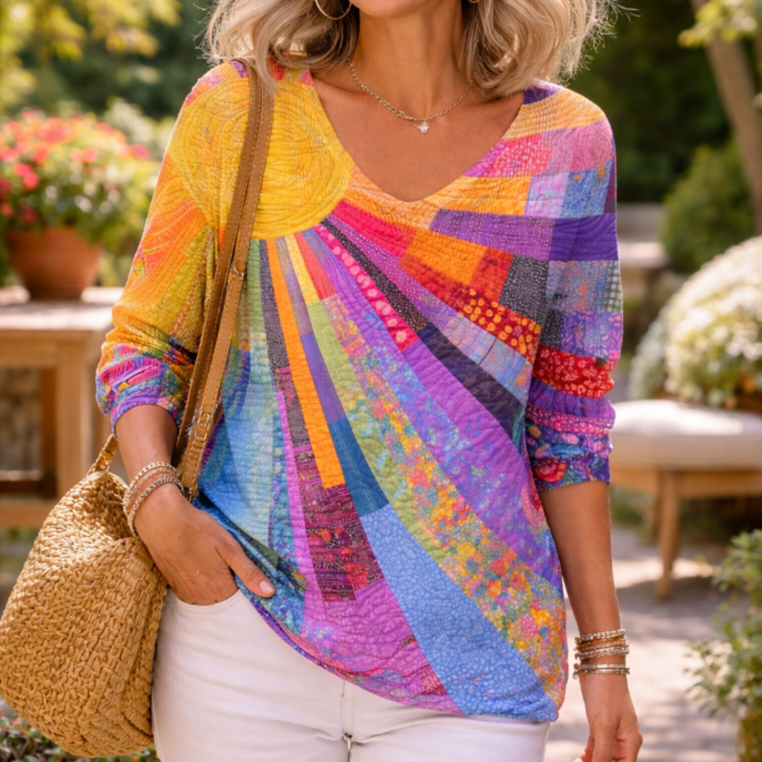 Women's Retro Colourful Patchwork Tee with V-Neck and Long Sleeve