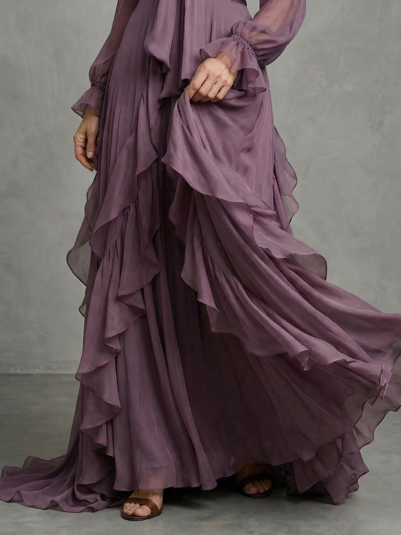 Demetria | Women's Tie Neck Ruffle Tiered Maxi Dress