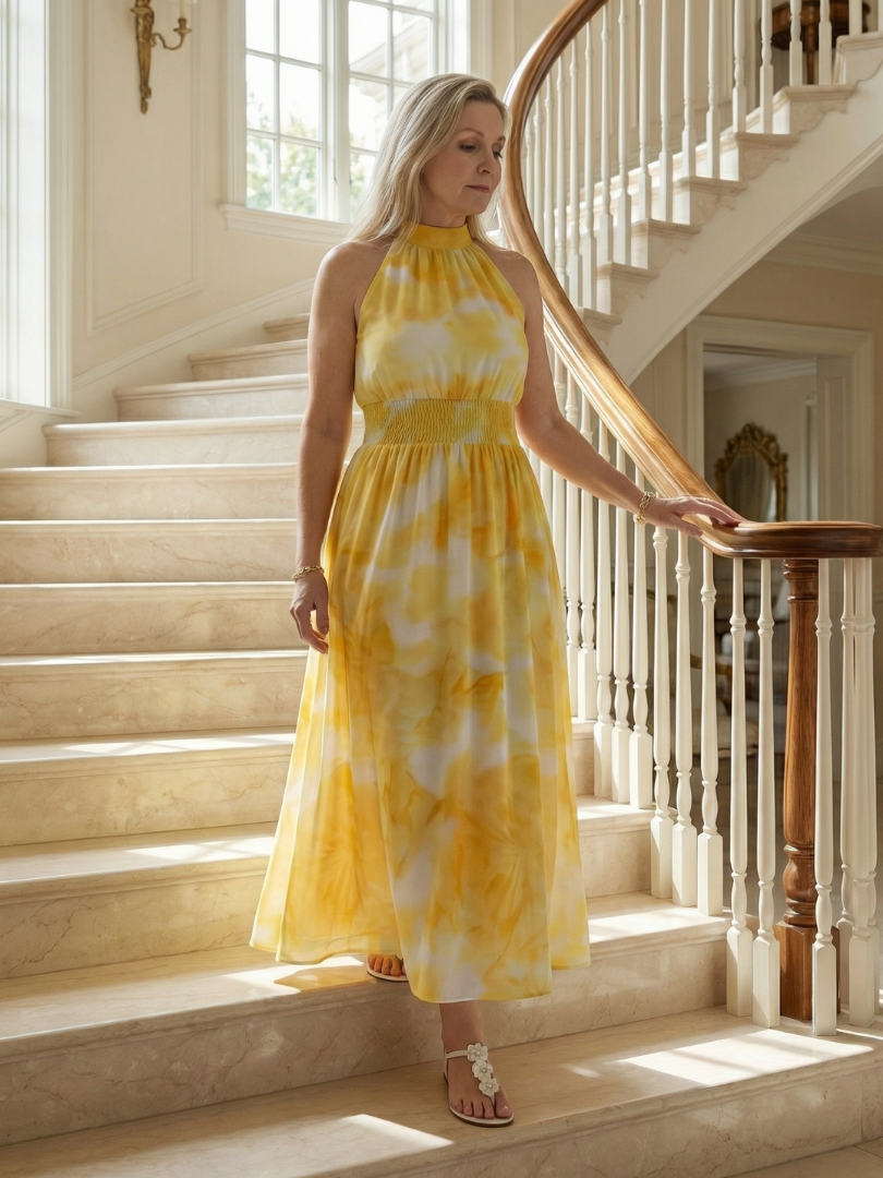 Sylin | Women's Relaxed Gathered Halter Midi Dress