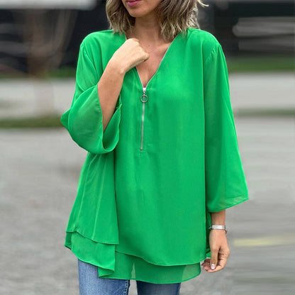 Heidi | Women's Longline V-Neck Flowy Zipped Top