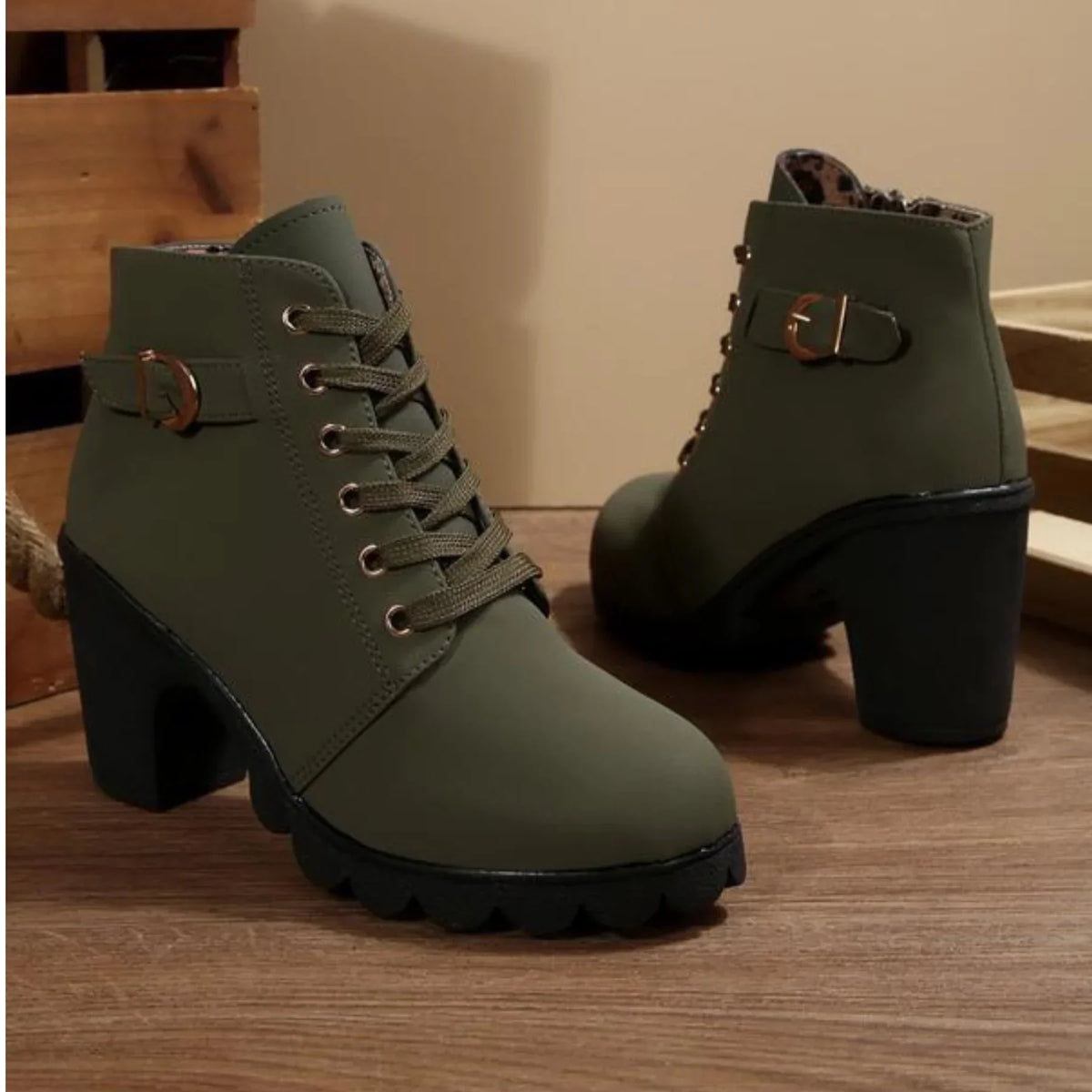 Mina | Women's Cushioned Buckle Stylish Lace-Up Ankle Boots
