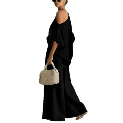 Lisa | Women's Longline Relaxed Cozy Off-Shoulder Top with Tapered Trousers Ensemble