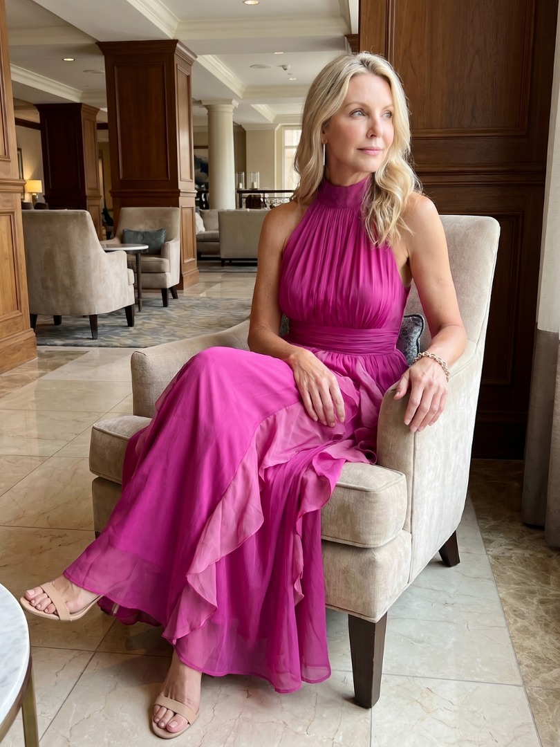 Orea | Women's High Neck Gathered Ruffle Layers Maxi Dress