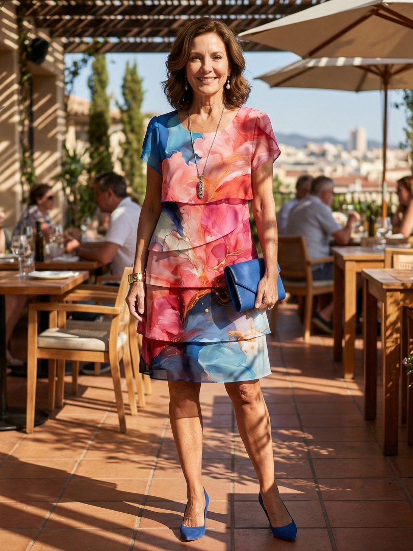 Mira | Women's Floral Relaxed Elegant Knee-Length Marble Print Dress