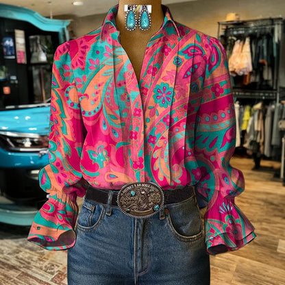 Women's Retro Floral Pattern Top with Long Sleeve