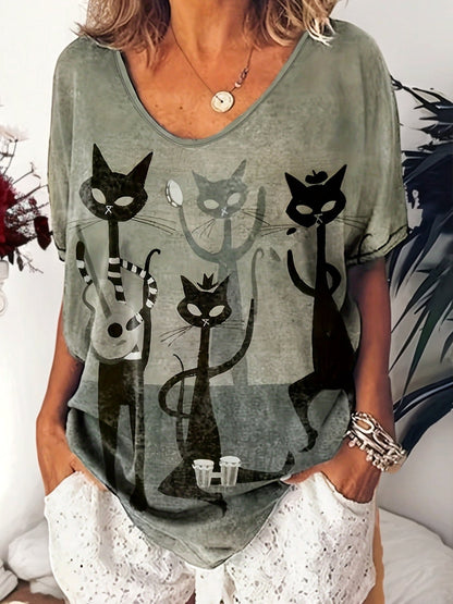 Sue | Women's Casual Cat Print T-Shirt with V-Neck and Short Sleeve