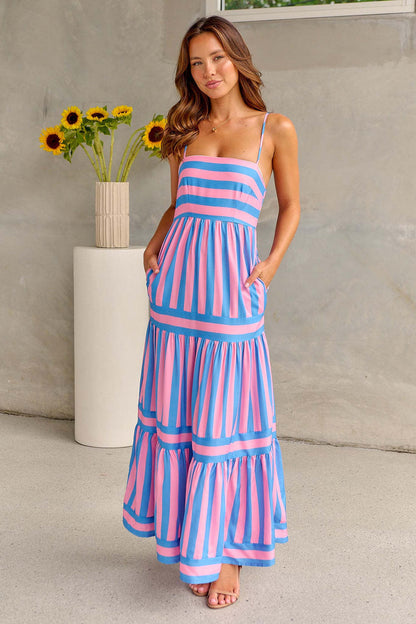 Marisol | Women's Striped Maxi Dress with Straps and Pockets