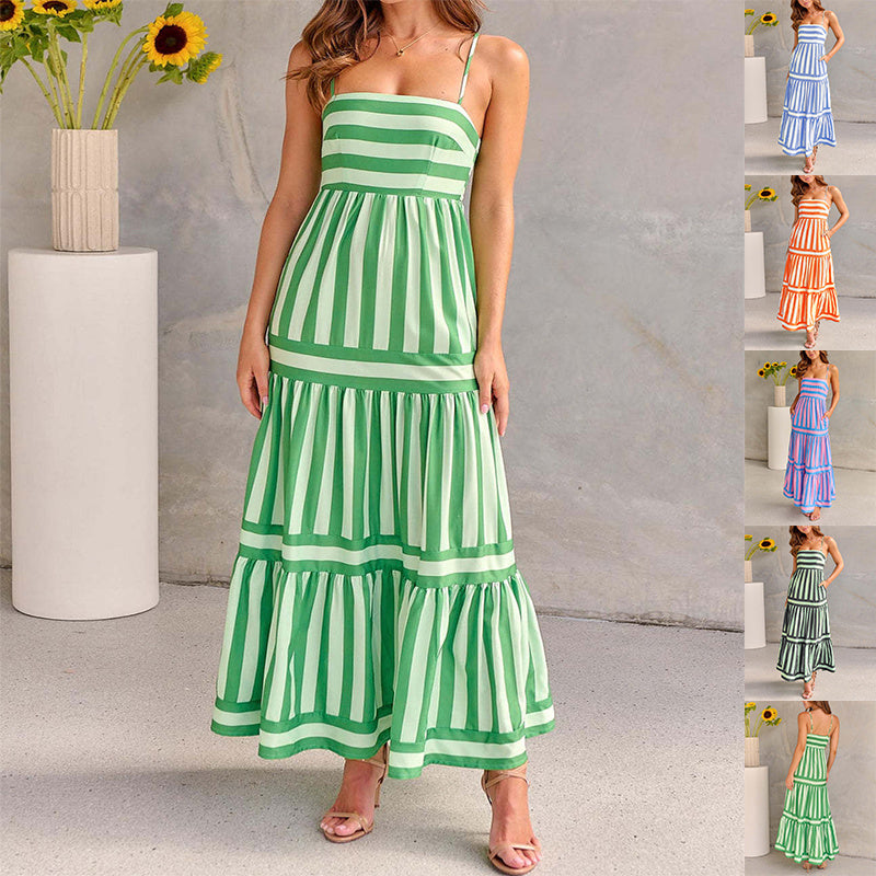 Marisol | Women's Striped Maxi Dress with Straps and Pockets