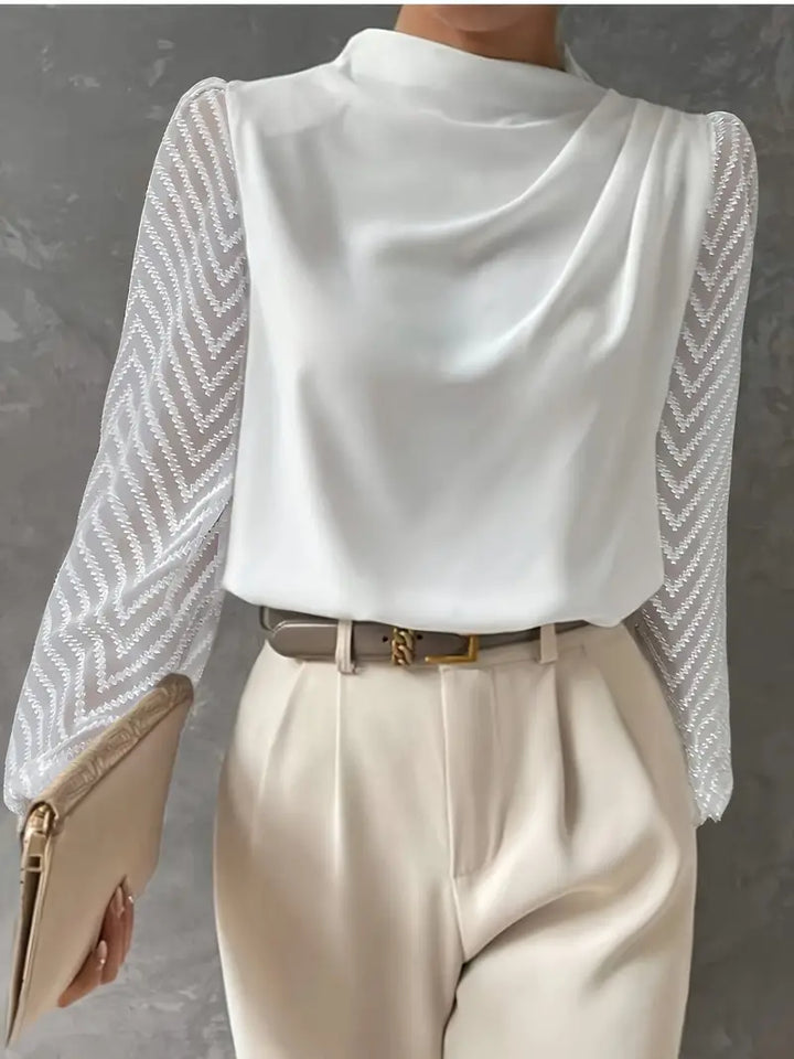 Samanta | Women's Longline Blouse Featuring Illusion Sleeves and Ruched Mocha Neckline