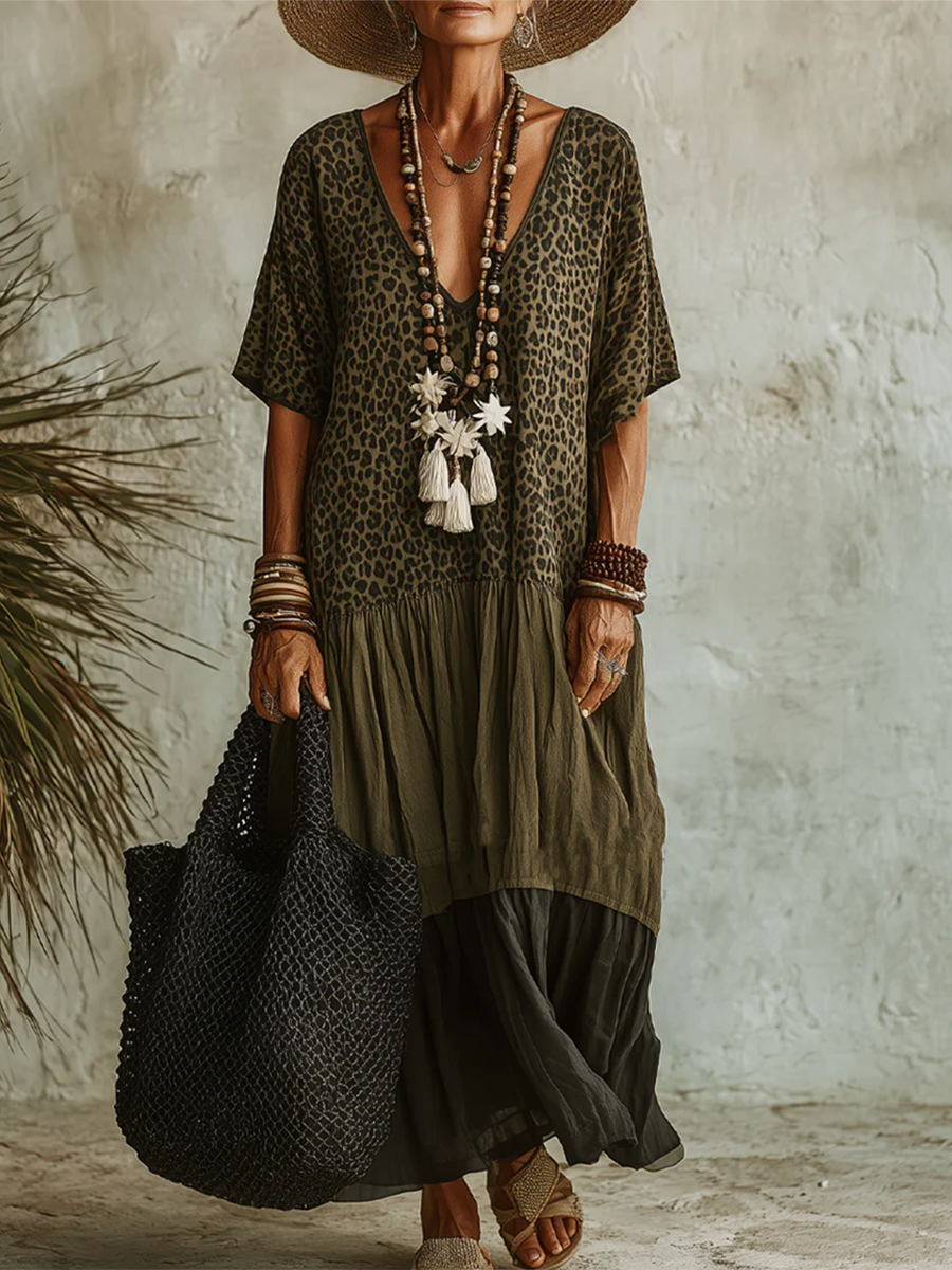 Women's V-Neck Maxi Dress with Leopard Print
