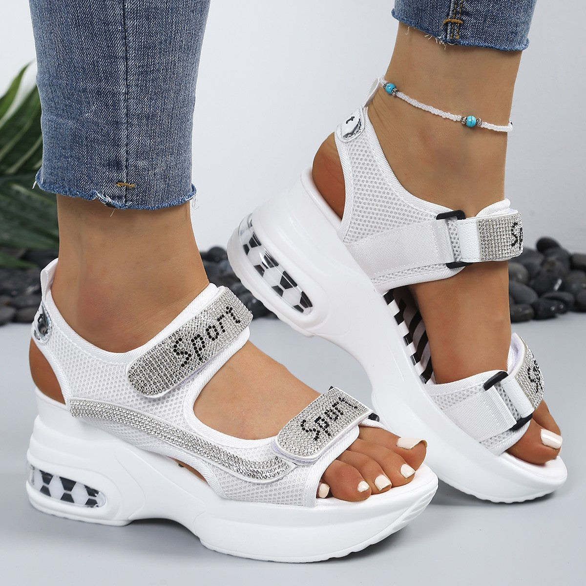 Cushioned Open-Toe Chic Women's Orthopedic Platform Sandals Adorned with Crystals