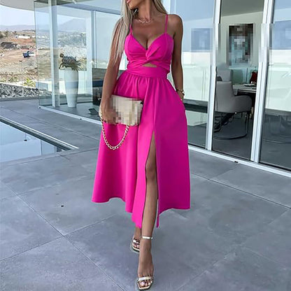 Chloe | Women's High Slit Spaghetti Strap Maxi Dress with Cut-Out